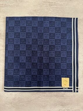 MCM Navy Check Monogram Pocket Square with Contrast Stripe